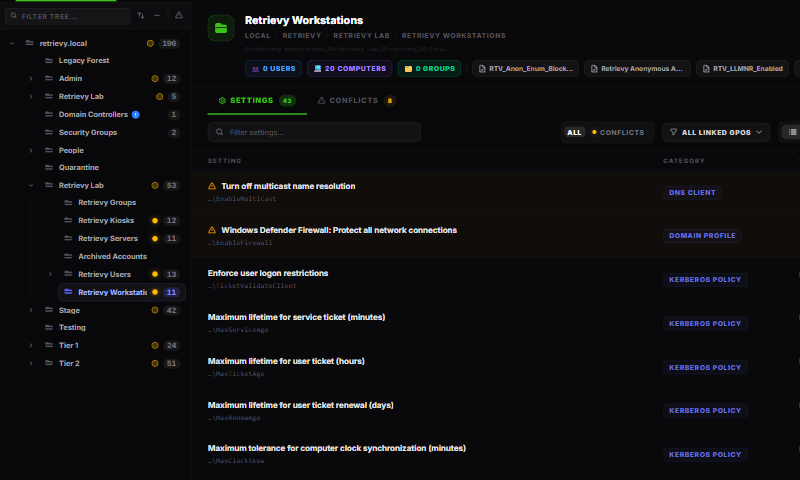 AD Explorer focused on the OU tree, OU scope summary, linked GPOs, and settings controls
