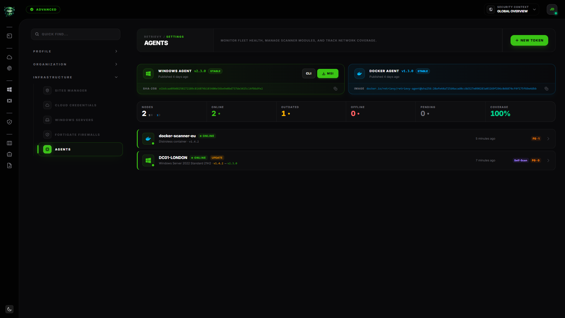 Agents page with one online Windows agent and the fleet summary at the top
