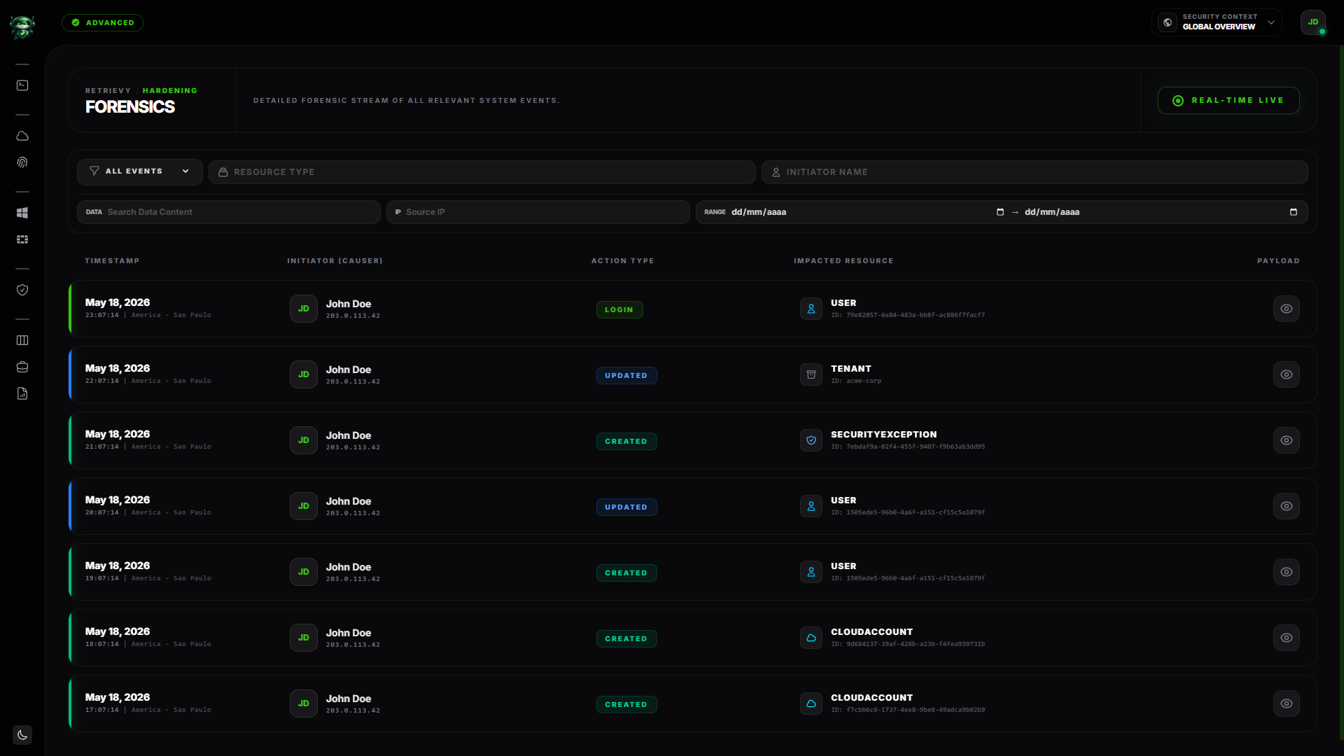 Forensics page with several recent events visible and the Real-time Live chip on