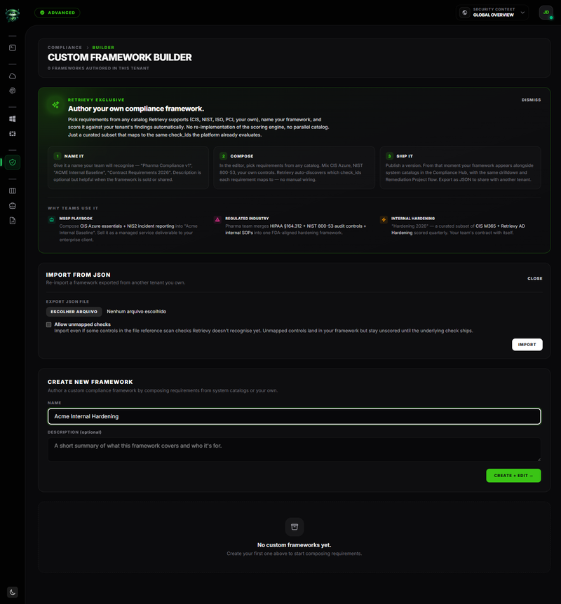 Custom Framework Builder list page with the create form and existing frameworks