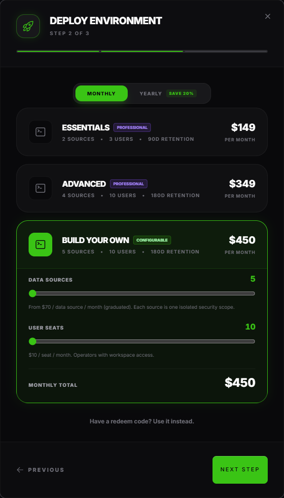 Deploy Environment wizard, Step 2, with the three plan cards and the redeem-code link at the bottom