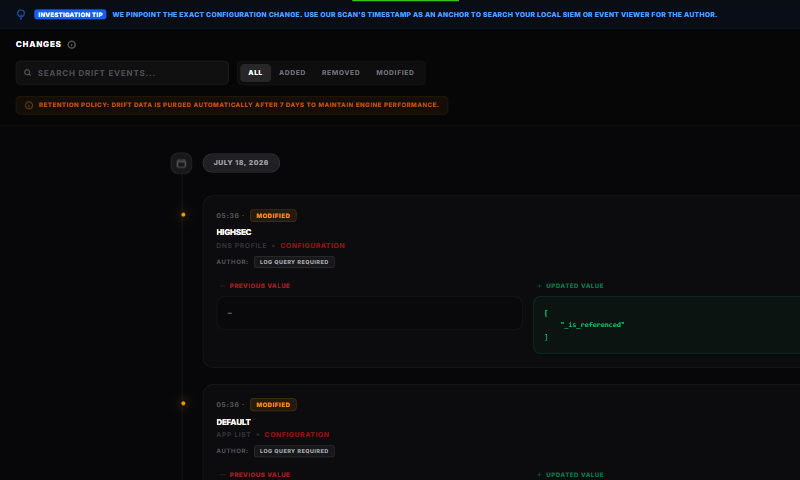 Drift History focused on search, change-type filters, grouped events, and previous and updated values