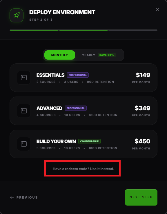 Plan selection step with the Have a redeem code link visible at the bottom