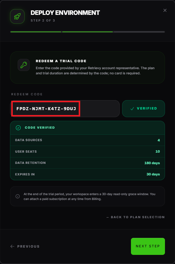 Redeem Code field with the green Verified state and the trial summary card visible