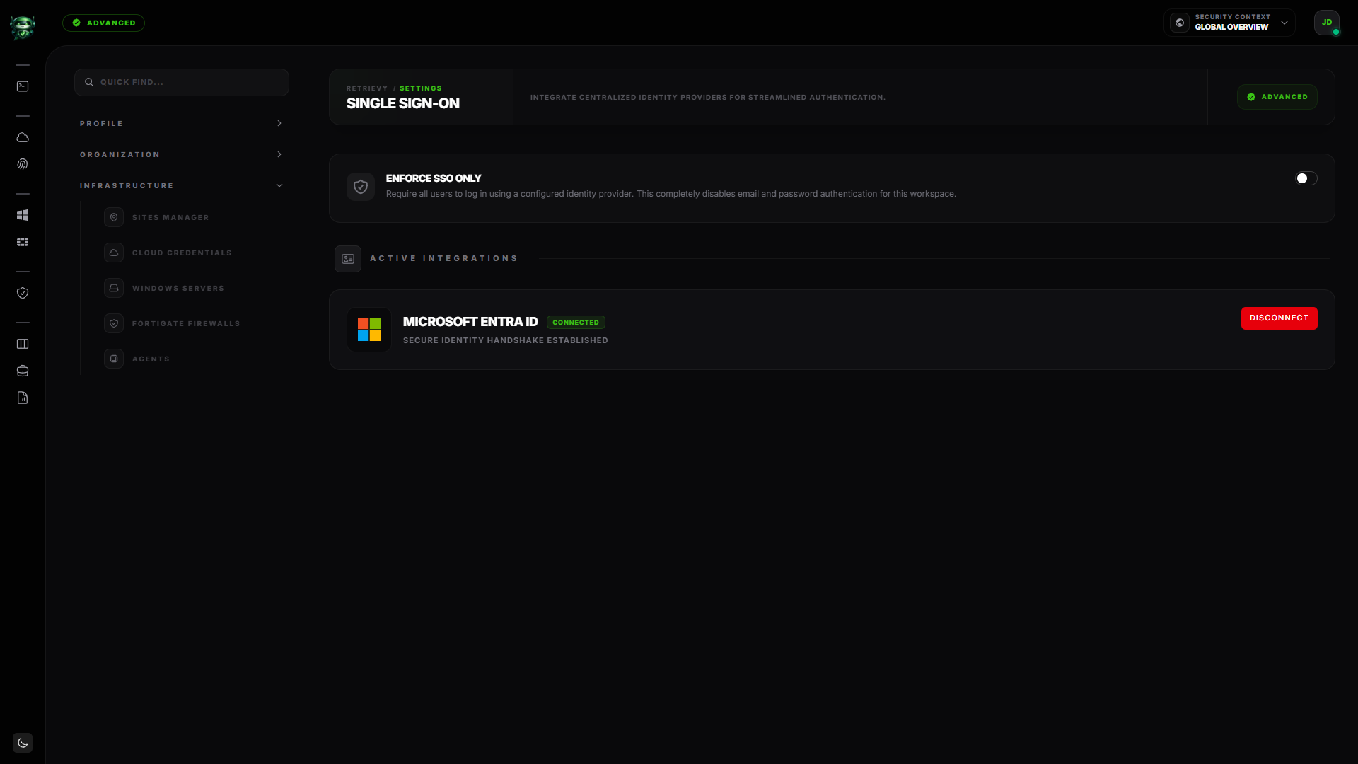 Retrievy Single Sign-On page after connection, showing the Microsoft Entra ID card with a Connected badge