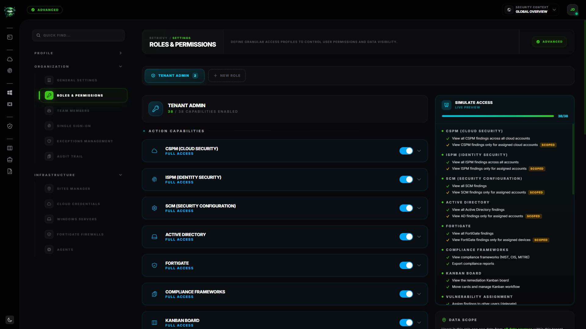 Roles and Permissions page with the tenant-admin role selected and the permission picker visible