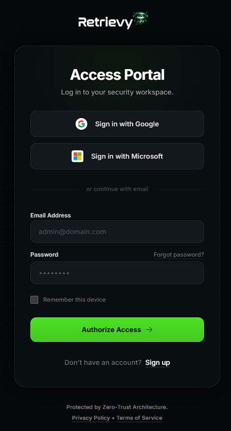 Registration page with the SSO buttons at the top and the email registration form below