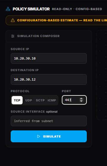 Policy Simulator focused on the flow composer, configuration-based disclosure, and Simulate action