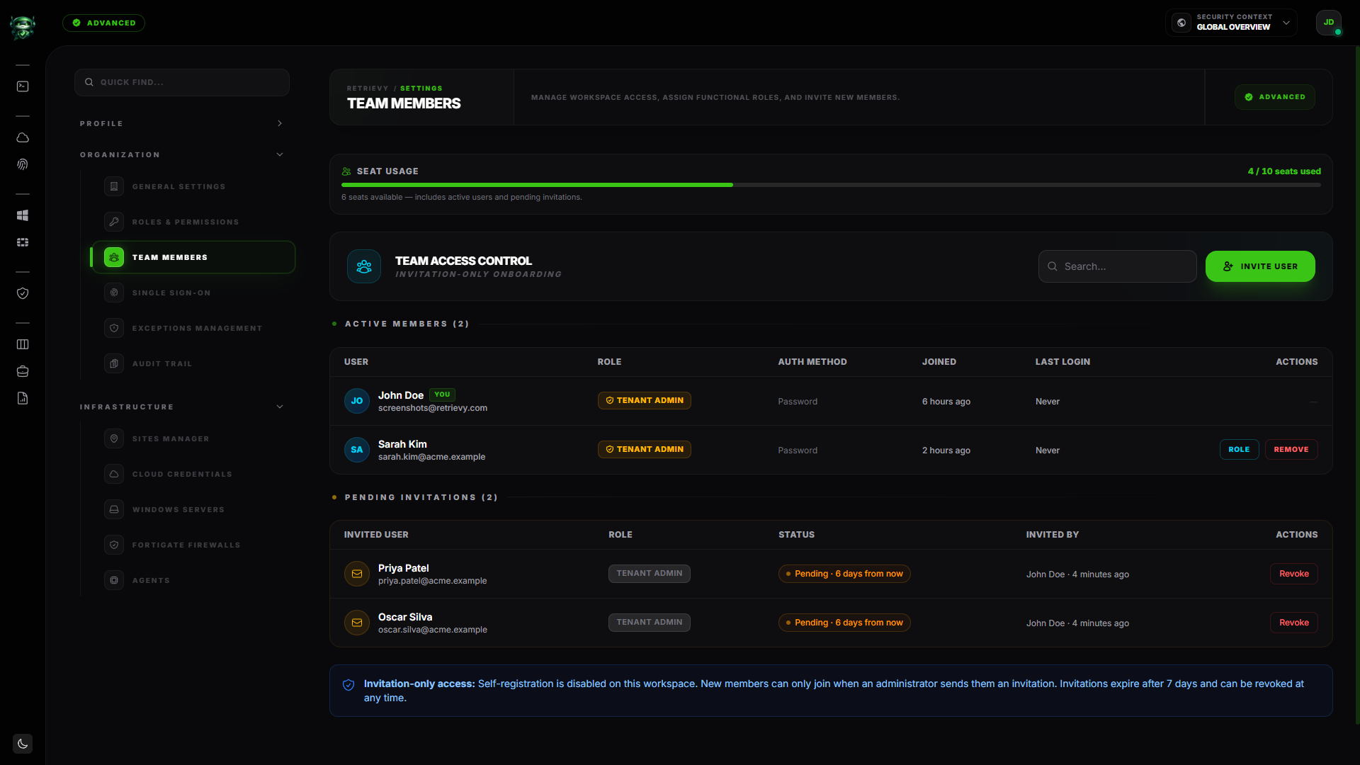 Team Members page showing Invite User button and the seats-available meter