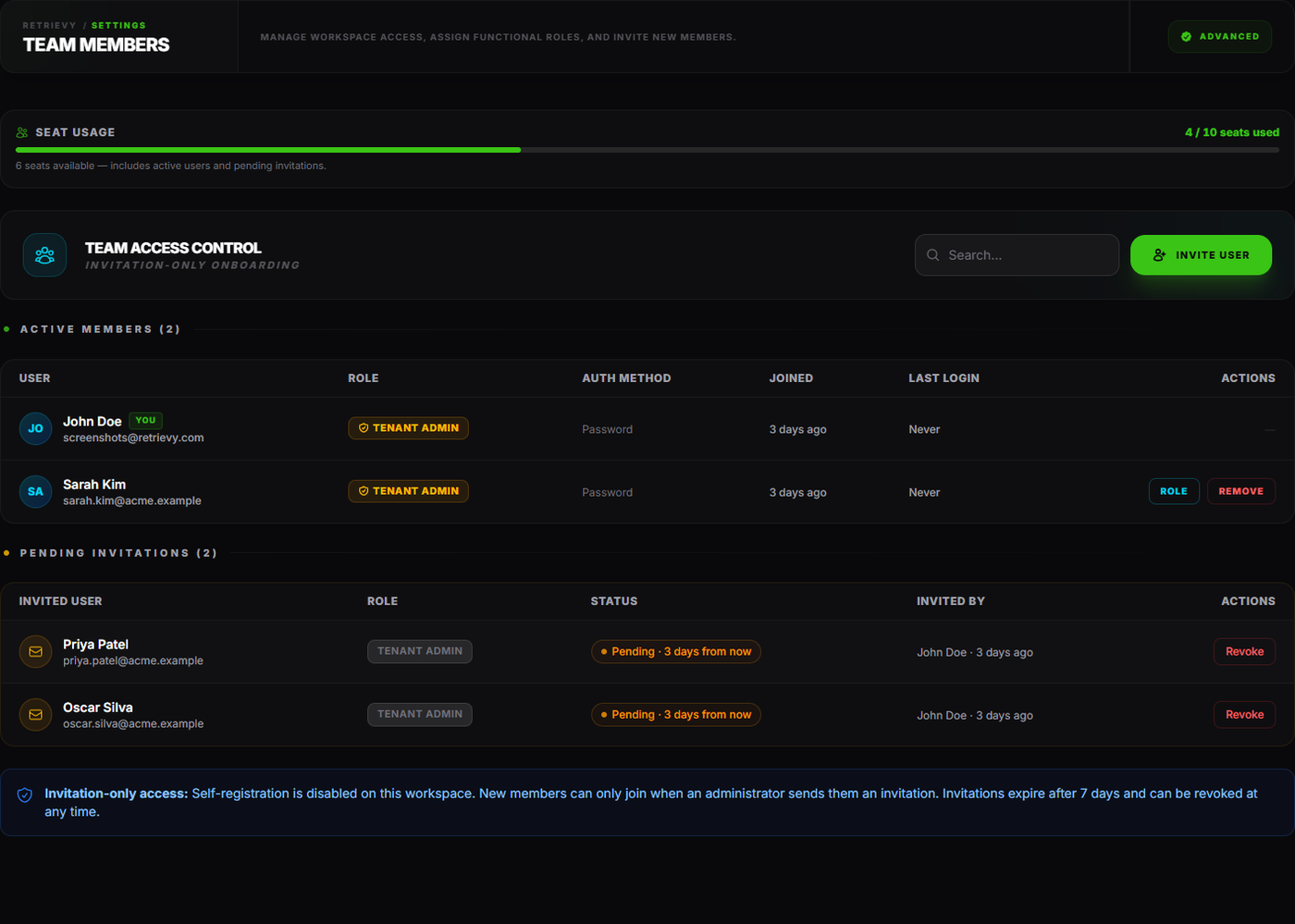 Team Members page with the seat meter, the active user list, and the Pending Invitations panel below