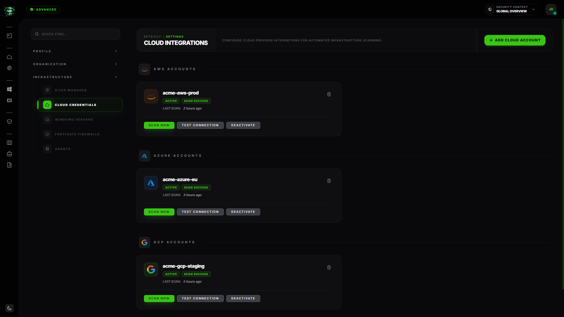 Cloud Account wizard step 1 with provider tiles